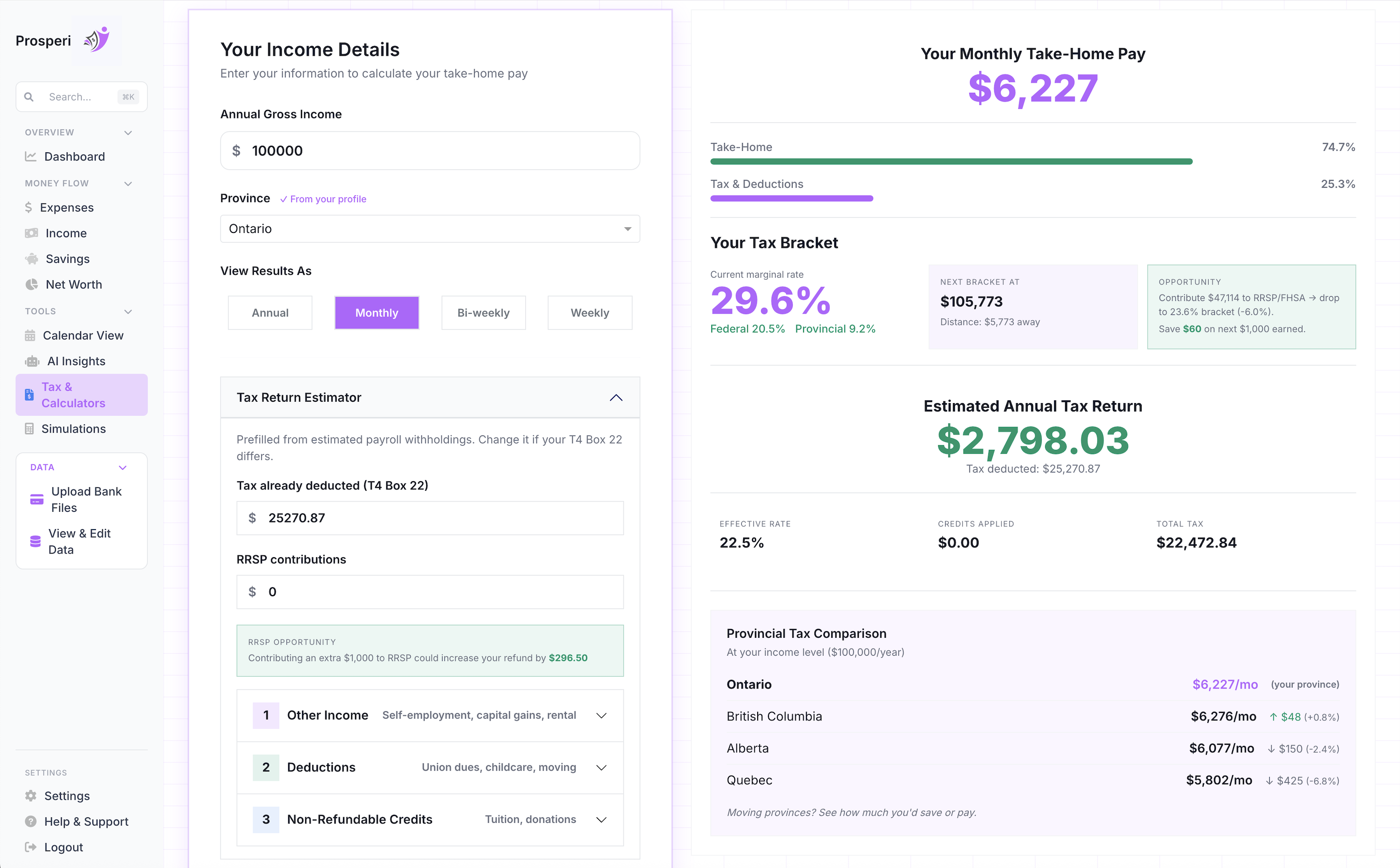 Canadian Tax Calculator showing Tax Breakdown, bi-weekly take-home pay, tax bracket, provincial comparison, and RRSP/FHSA optimization